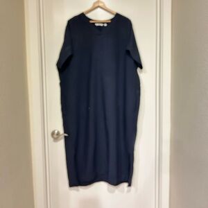 Uniqlo Short Sleeve Side Slit Midi Linen blend Dress XL Navy pockets like new